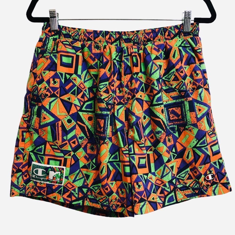 Special Edition MTV Champion All Over Geometric 90s Swim Trunks Shorts Medium.